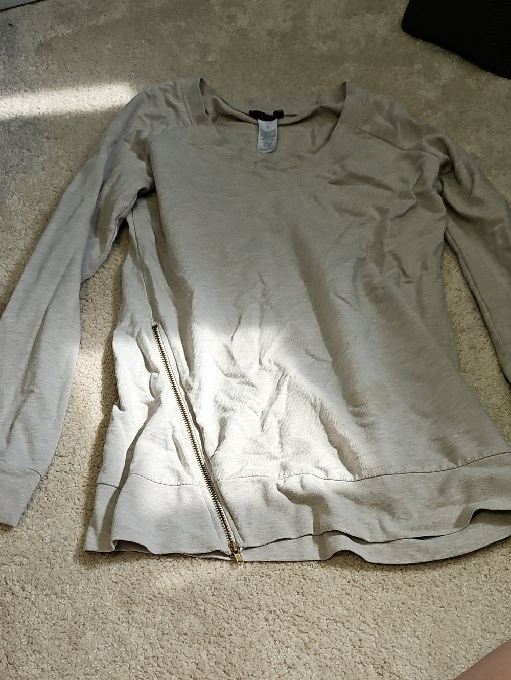 Women's Light Beige Long Sleeve Top with Side Zip Detail